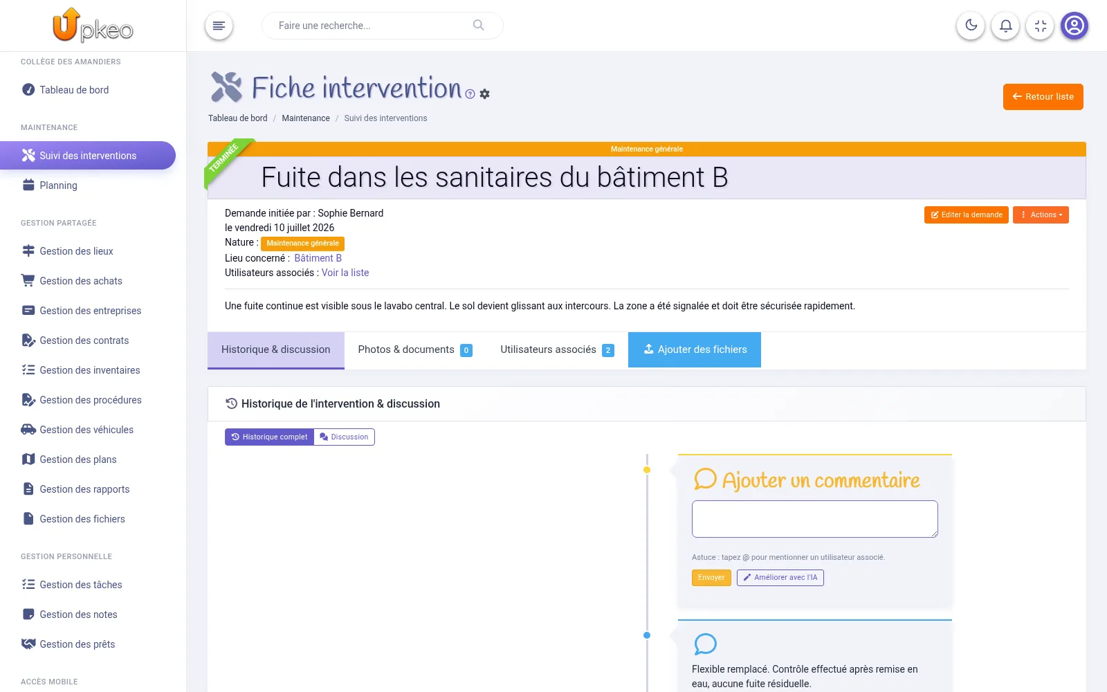 Fiche d’une intervention terminée dans Upkeo avec son lieu, ses commentaires et son historique