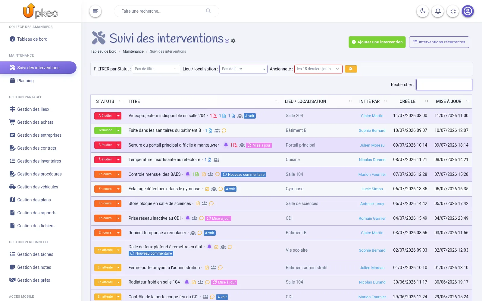 Liste de suivi des interventions dans Upkeo avec statuts, badges d’activité et pièces jointes PDF, image et Word